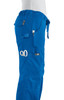 Blue pants with multiple pockets and a waistband tie, featuring a logo. Side view shown.