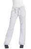 A pair of white pants with drawstring and multiple pockets. The model is wearing navy shoes. The image includes a logo.