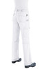 A pair of white pants with a fitted waistband and multiple pockets, featuring a branded logo.