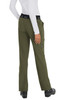 Olive green pants with a black waistband and a logo, featuring a pocket and a back view of the design.