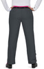 A pair of grey pants with a pink waistband, featuring two back pockets and a logo on the waistband.