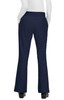 Navy blue flared pants with a high waistband, featuring two back pockets and a simple design.