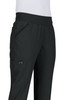 A pair of black pants featuring a wide waistband and pockets, with a logo on the side.