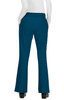 A pair of teal trousers with a flared leg design, featuring pockets and a fitted waistband.