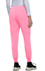 A pair of neon pink jogger pants with elastic cuffs, viewed from the back. Features a branded logo.