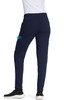 Navy jogger pants with a fitted style and side pockets, featuring a logo on the front.