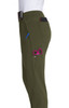 A pair of olive green jogger pants with pockets on the sides and a logo. The pants feature a sleek design.