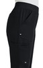 A side view of black boot cut pants featuring pockets and an elastic waistband, with a logo on the leg.