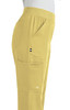 A pair of yellow boot cut pants with multiple side pockets, featuring a logo on one pocket.