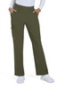 An olive green boot cut pant with pockets, featuring a stretchy waistband and a logo on the side.