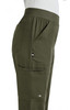 A pair of olive green boot cut pants with multiple pockets and an elastic waistband, featuring a small logo.