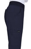 A pair of navy pants featuring a stretchy waistband and side pockets, with a logo on the side.