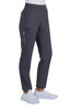 A pair of grey pants with pockets, featuring a logo, worn with white shoes.