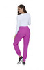 A pair of bright pink jogger pants displayed from the back, paired with a white long-sleeve top.