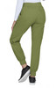 A pair of olive green jogger pants viewed from the back, featuring elastic cuffs and pockets.