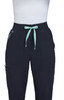 A pair of navy jogger pants featuring a mint green drawstring and multiple pockets. The product has a logo.