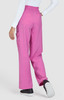 A pair of pink pants with a relaxed fit, featuring cargo pockets and an elastic waistband, worn from the back.