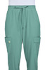 A pair of teal jogger pants with an elastic waistband and side pockets, featuring a small logo.