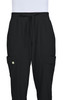 A pair of black jogger pants featuring cargo pockets and an elasticised waistband. The pants have a logo detail.