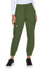 A pair of olive green jogger pants with elastic cuffs and side pockets, featuring a logo.