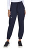 A pair of navy jogger pants with elastic cuffs and side pockets, worn with black sneakers. The pants feature a small logo.