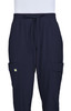 Navy jogger pants featuring an elastic waist and side pockets, with a small logo on one pocket.