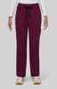 A pair of wide leg pants in deep burgundy with pockets and a drawstring waist. They feature a small logo on the side.