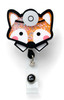 A playful orange and black fox-shaped badge reel with a shiny finish and a logo, featuring a doctor’s stethoscope design.
