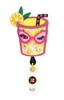 A vibrant badge featuring a drink with sunglasses, lemon, and a striped straw, in bright yellow and pink colours.