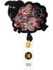 A black sheep-shaped badge with red and silver sequins, featuring a gold attachment and a small branding tag.