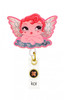 A pink and white badge featuring a cartoon angel with red hair and wings, attached to a clear plastic backing.