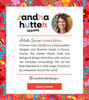 A vibrant floral background features a profile image of a designer, with text about limited edition artist series badges.