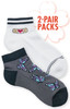 A pair of ankle socks in white with a band-aid design and grey with butterfly patterns, packaged as a 2-pack.