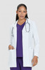 A white lab coat with a pocket, worn by a model, paired with a purple top and a stethoscope around the neck.