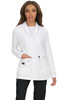 A white lab coat featuring a button-up front and pockets, worn by a model. It includes a logo on the coat.