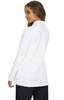 A white lab coat with a tailored fit, featuring a collar and a logo on the back, modeled by a woman.