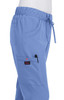 A pair of light blue pants with an elastic waistband and pockets, featuring a logo on the pocket.