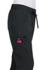 A pair of black pants with an elastic waistband and pockets, featuring a pink logo.
