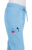 A light blue pant with an elastic waistband and pockets, featuring a logo on the side.