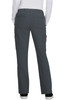 Grey cargo pants with multiple pockets, featuring an elastic waistband and a logo. View from the back.