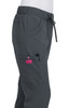 Grey pants with an elastic waistband, drawstring, and pockets, featuring a small logo badge in pink.