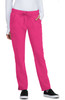A pair of bright pink pants with a tie waist and side pockets, featuring a logo on one side.