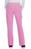 Pink cargo pants with an elastic waistband and multiple pockets, viewed from the back.