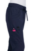 Navy blue pants with an elastic waistband, pockets, and a pink logo on the side. Features a drawstring for adjustments.