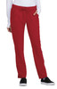 A pair of red pants with a drawstring waistband and side pockets, worn by a model. The product has a logo.