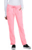 A pair of pink jogger pants with pockets and a drawstring waistband, featuring a logo.