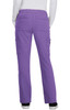 A pair of purple cargo pants with pockets and an elastic waistband, viewed from the back.