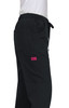 A pair of black Aster Pants featuring pockets and an elastic waist, with a pink branding label.