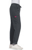 A pair of grey Aster Pants featuring an elastic waistband and a side pocket, displayed from the side.