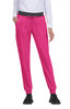 A pair of bright pink jogger pants with a black and white striped waistband and side pockets.